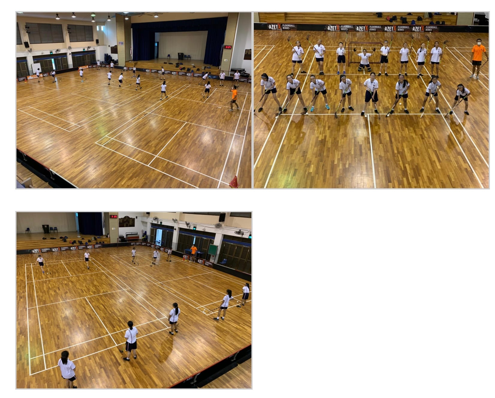 Three photos of students in white uniforms playing floorball with sticks on an indoor wooden court.